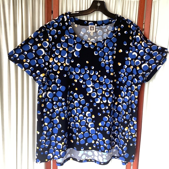 Anne Klein Womans Short Sleeve Top Abstract Black & Blue Hi-Low Size 2X - Picture 1 of 6
